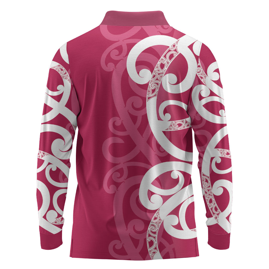 Breast Cancer Pink October Maori Long Sleeve Polo Shirt Koru Kowhaiwhai