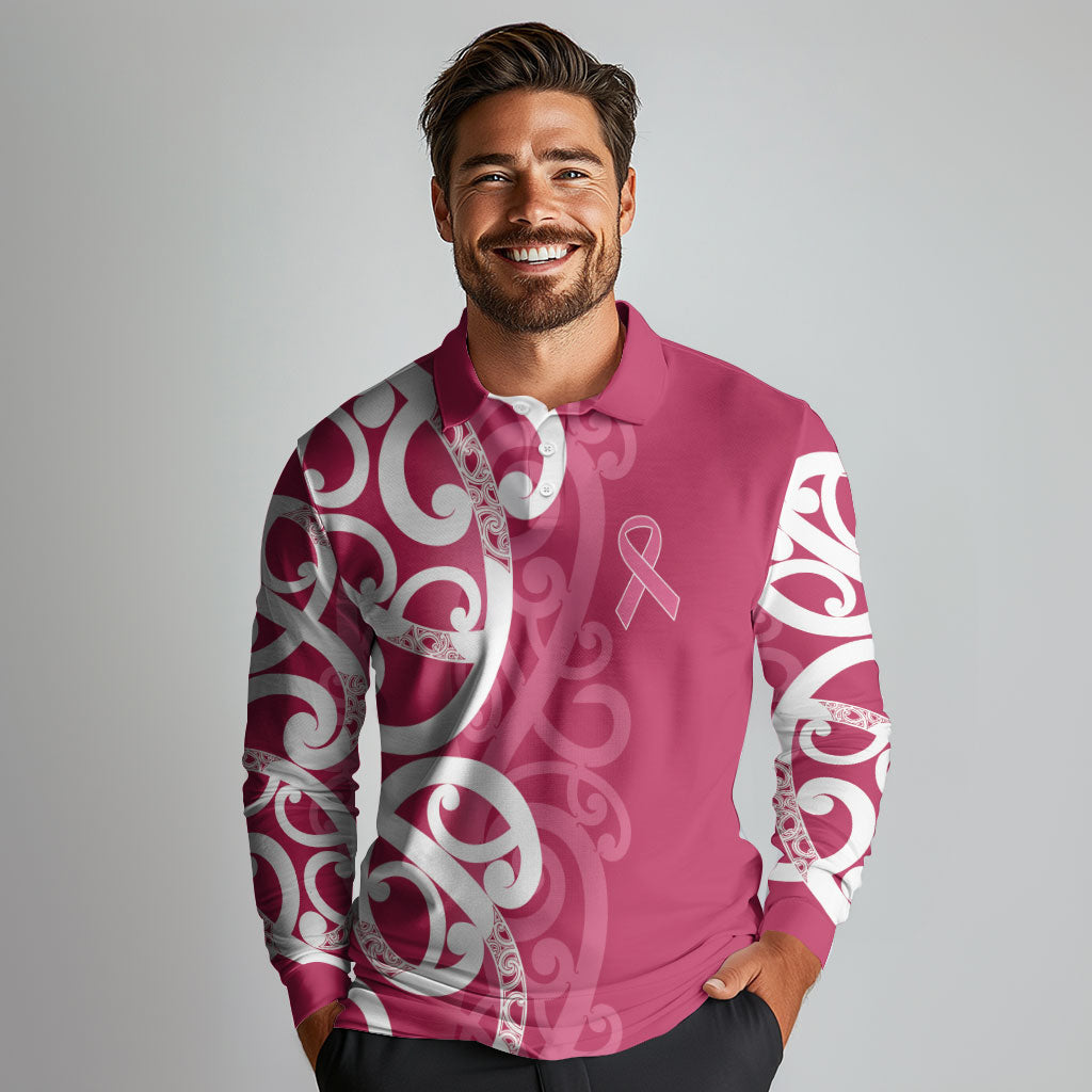Breast Cancer Pink October Maori Long Sleeve Polo Shirt Koru Kowhaiwhai