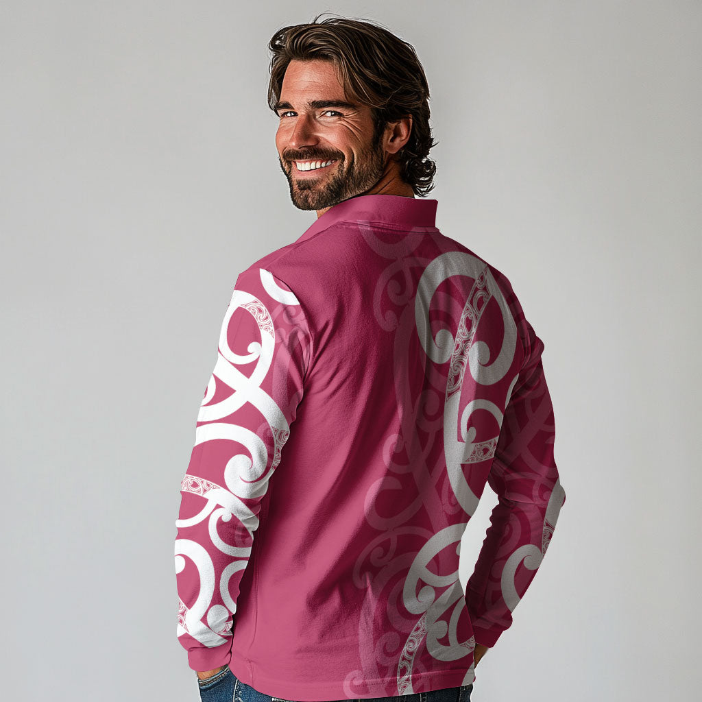 Breast Cancer Pink October Maori Long Sleeve Polo Shirt Koru Kowhaiwhai