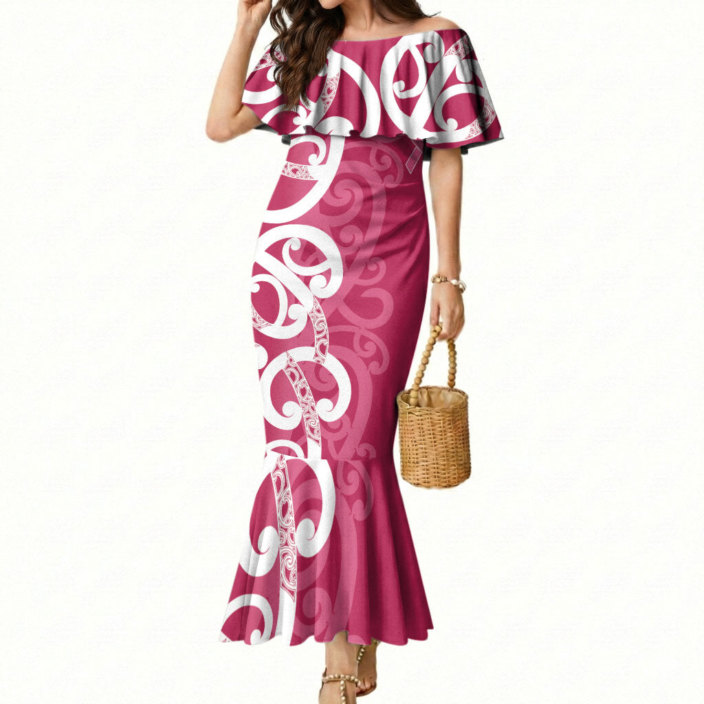 Breast Cancer Pink October Maori Mermaid Dress Koru Kowhaiwhai