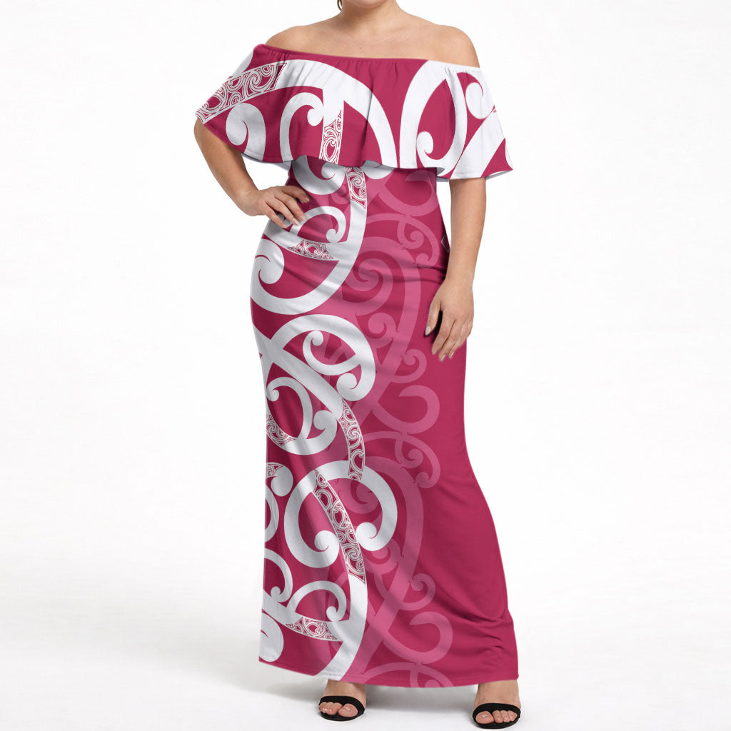Breast Cancer Pink October Maori Off Shoulder Maxi Dress Koru Kowhaiwhai