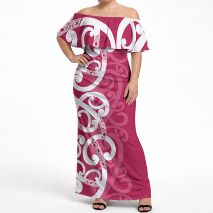 Breast Cancer Pink October Maori Off Shoulder Maxi Dress Koru Kowhaiwhai