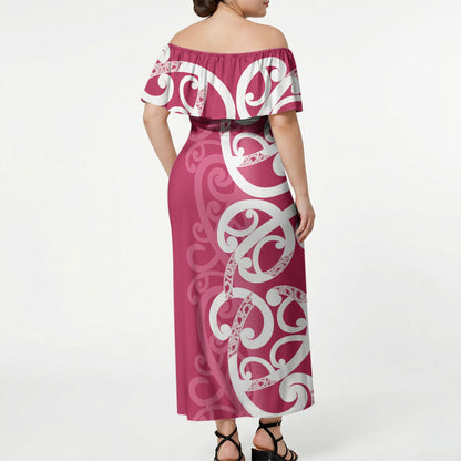 Breast Cancer Pink October Maori Off Shoulder Maxi Dress Koru Kowhaiwhai