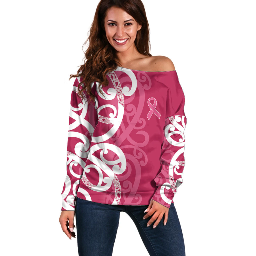 Breast Cancer Pink October Maori Off Shoulder Sweater Koru Kowhaiwhai
