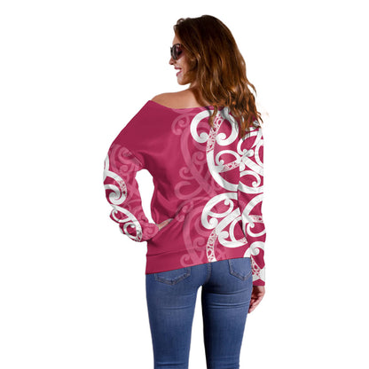 Breast Cancer Pink October Maori Off Shoulder Sweater Koru Kowhaiwhai