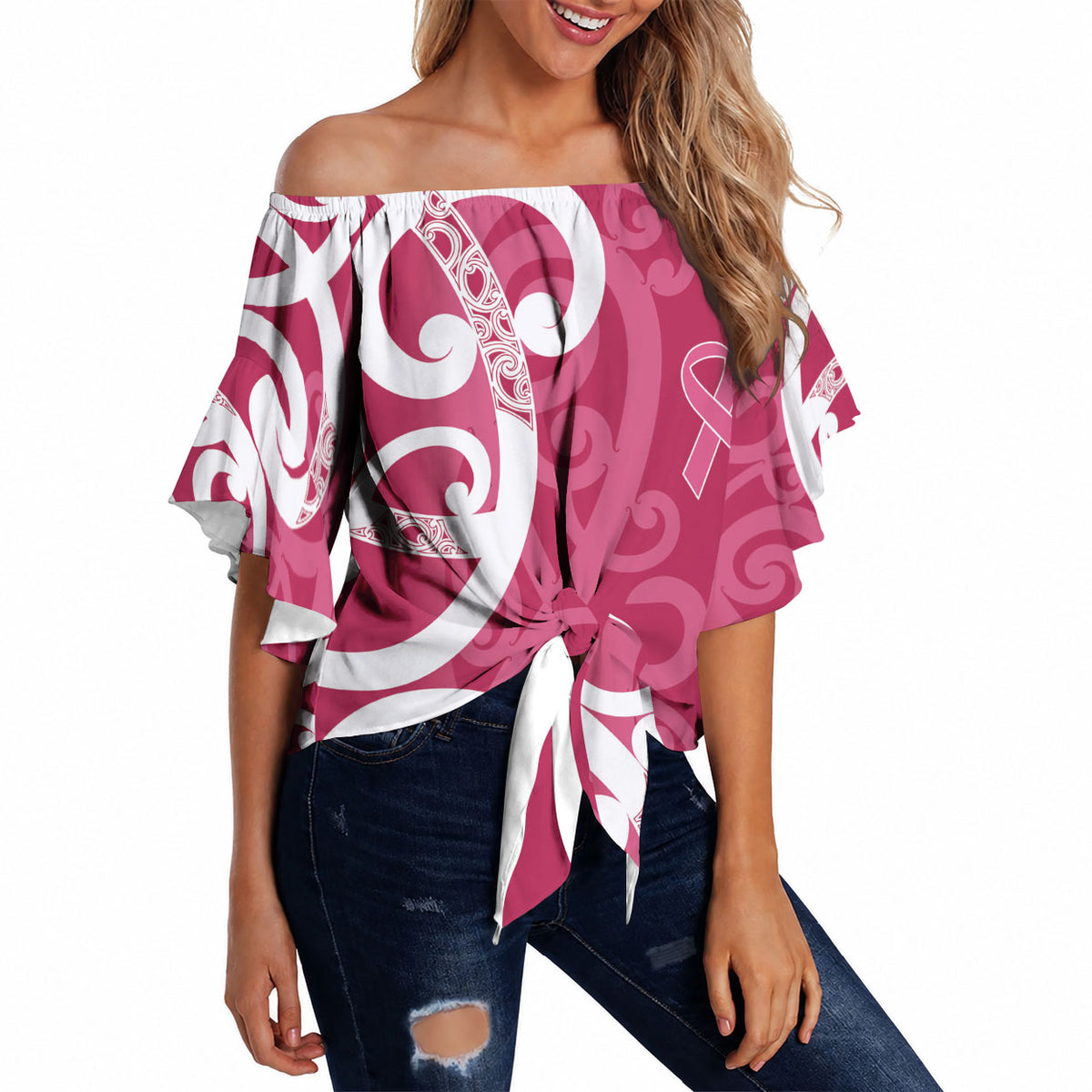 Breast Cancer Pink October Maori Off Shoulder Wrap Waist Top Koru Kowhaiwhai