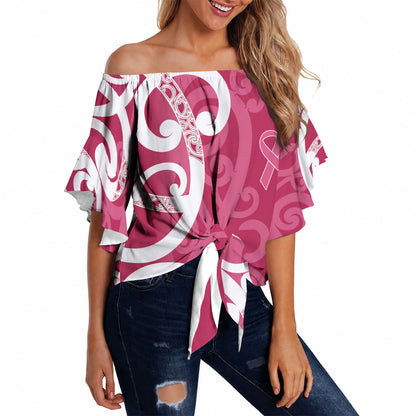 Breast Cancer Pink October Maori Off Shoulder Wrap Waist Top Koru Kowhaiwhai