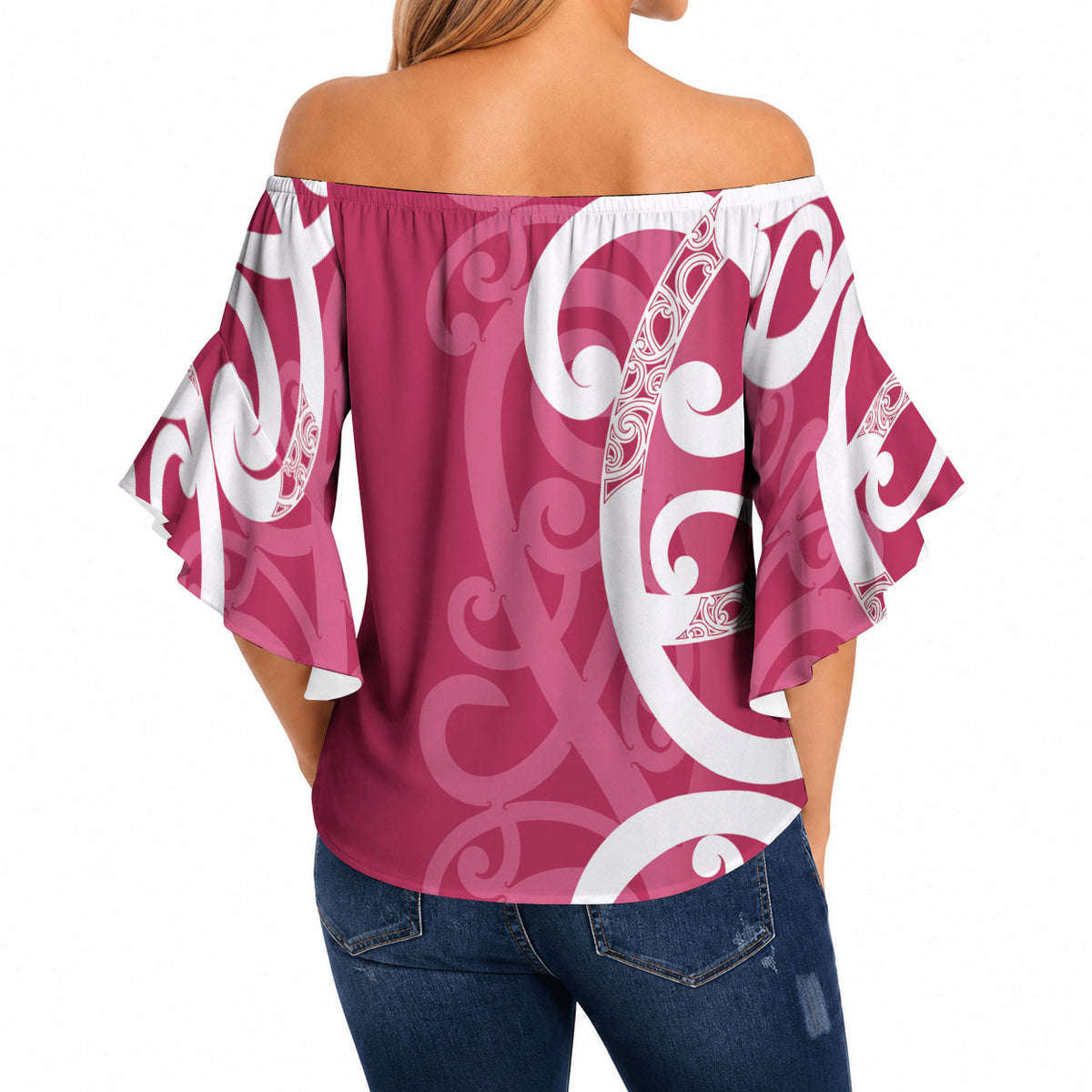 Breast Cancer Pink October Maori Off Shoulder Wrap Waist Top Koru Kowhaiwhai