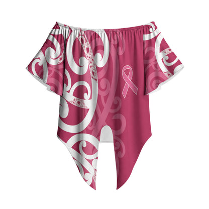 Breast Cancer Pink October Maori Off Shoulder Wrap Waist Top Koru Kowhaiwhai