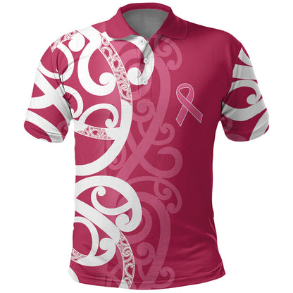 Breast Cancer Pink October Maori Polo Shirt Koru Kowhaiwhai