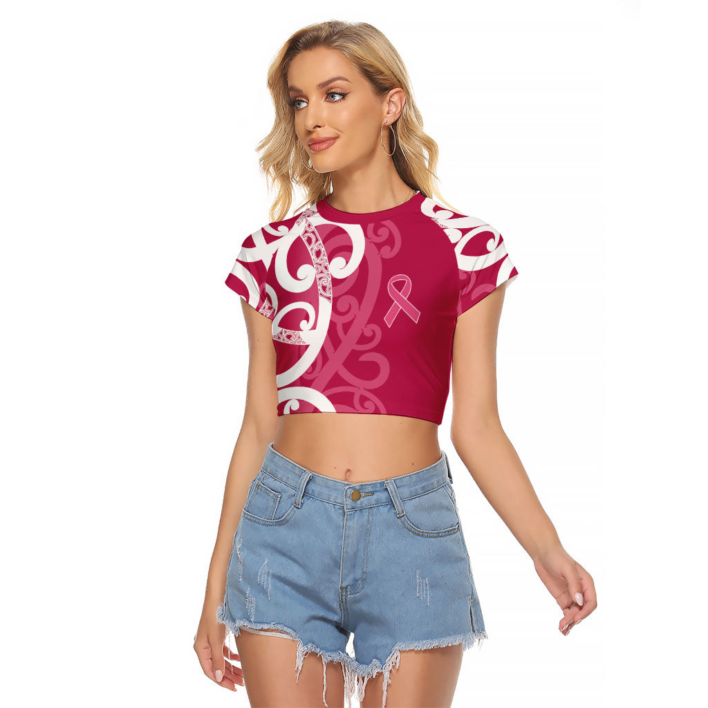 Breast Cancer Pink October Maori Raglan Cropped T Shirt Koru Kowhaiwhai