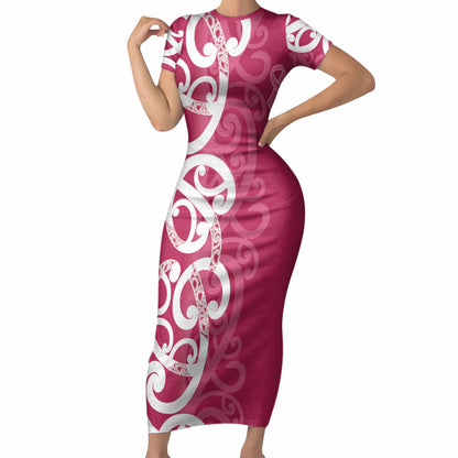 Breast Cancer Pink October Maori Short Sleeve Bodycon Dress Koru Kowhaiwhai
