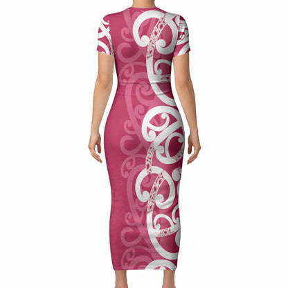 Breast Cancer Pink October Maori Short Sleeve Bodycon Dress Koru Kowhaiwhai