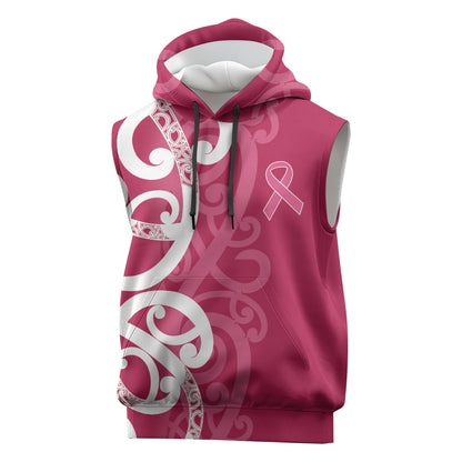Breast Cancer Pink October Maori Sleeveless Hoodie Koru Kowhaiwhai