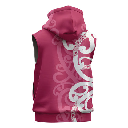 Breast Cancer Pink October Maori Sleeveless Hoodie Koru Kowhaiwhai