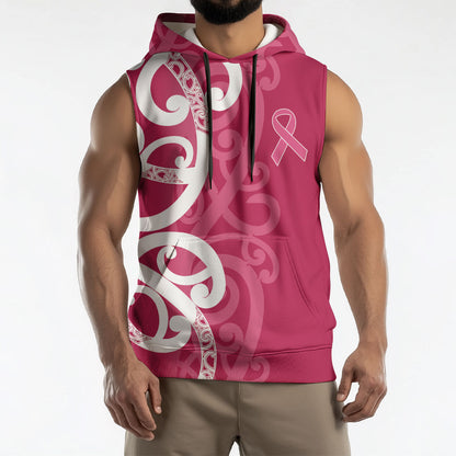 Breast Cancer Pink October Maori Sleeveless Hoodie Koru Kowhaiwhai