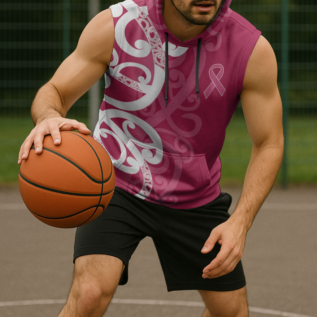 Breast Cancer Pink October Maori Sleeveless Hoodie Koru Kowhaiwhai