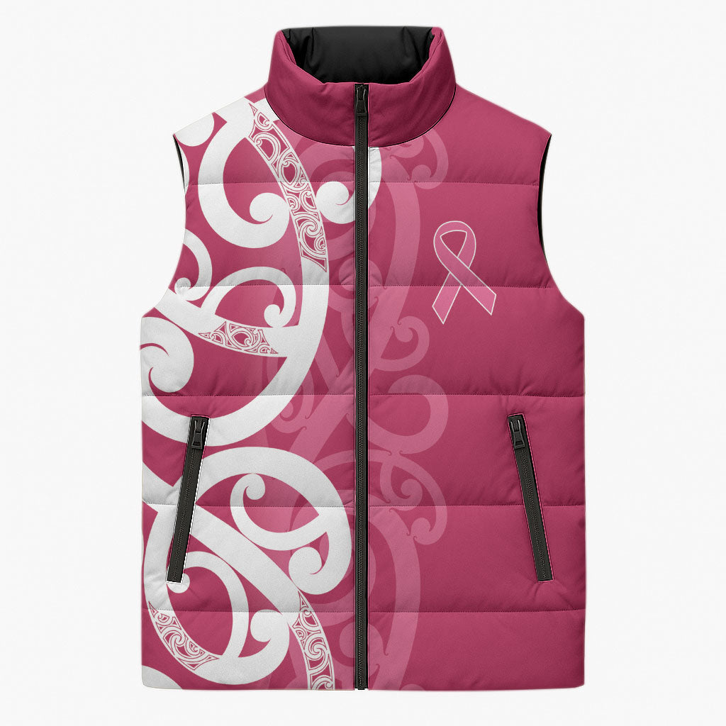 Breast Cancer Pink October Maori Sleeveless Puffer Jacket Koru Kowhaiwhai