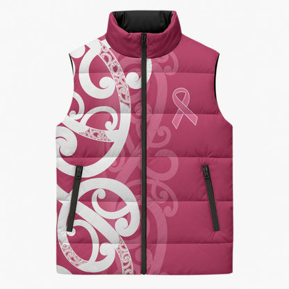 Breast Cancer Pink October Maori Sleeveless Puffer Jacket Koru Kowhaiwhai