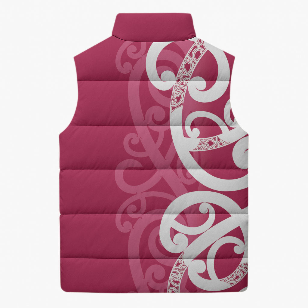 Breast Cancer Pink October Maori Sleeveless Puffer Jacket Koru Kowhaiwhai