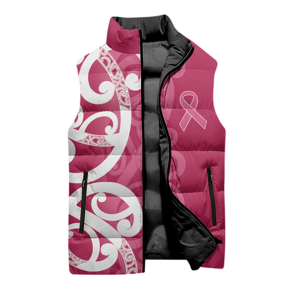 Breast Cancer Pink October Maori Sleeveless Puffer Jacket Koru Kowhaiwhai
