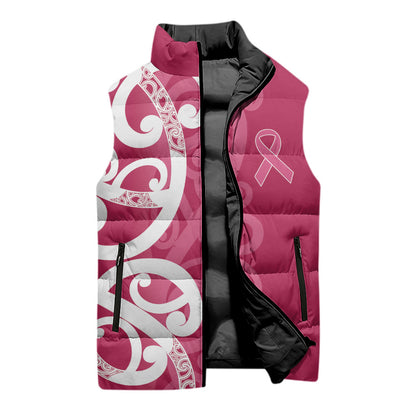 Breast Cancer Pink October Maori Sleeveless Puffer Jacket Koru Kowhaiwhai