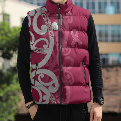 Breast Cancer Pink October Maori Sleeveless Puffer Jacket Koru Kowhaiwhai