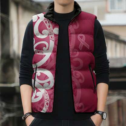 Breast Cancer Pink October Maori Sleeveless Puffer Jacket Koru Kowhaiwhai