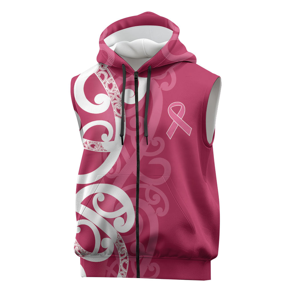 Breast Cancer Pink October Maori Sleeveless Zip Hoodie Koru Kowhaiwhai