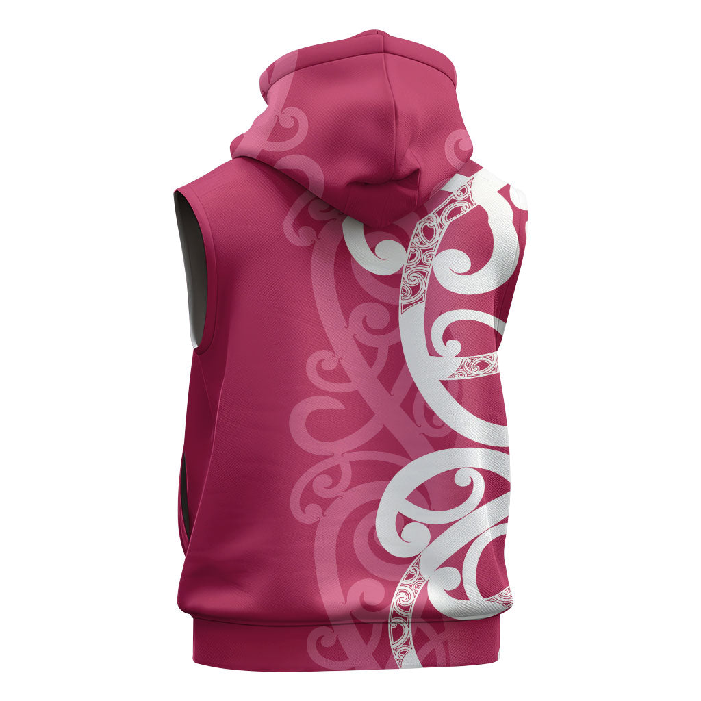 Breast Cancer Pink October Maori Sleeveless Zip Hoodie Koru Kowhaiwhai