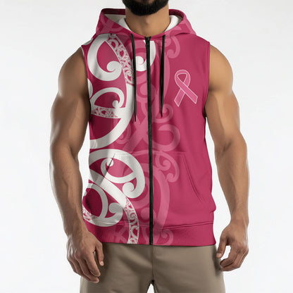 Breast Cancer Pink October Maori Sleeveless Zip Hoodie Koru Kowhaiwhai