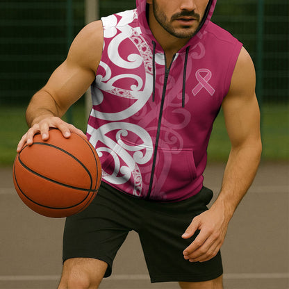 Breast Cancer Pink October Maori Sleeveless Zip Hoodie Koru Kowhaiwhai