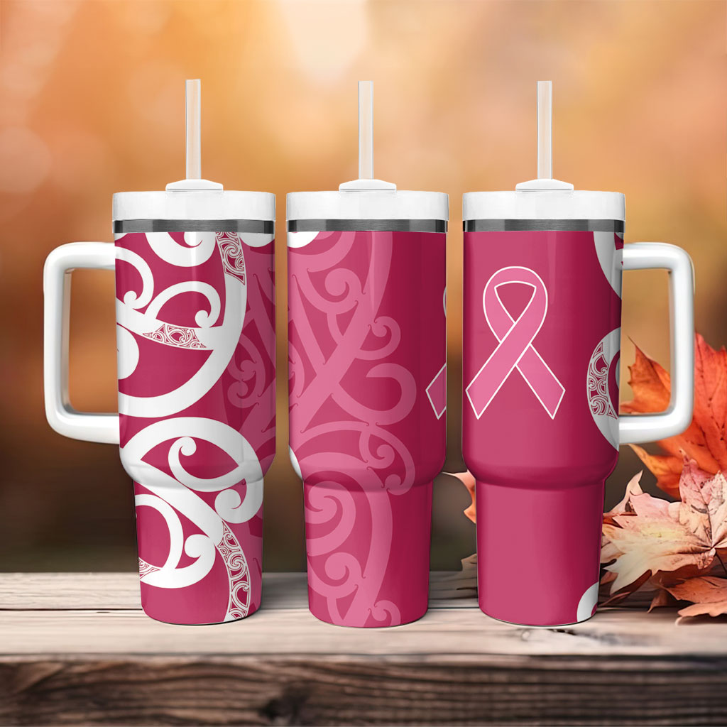 Breast Cancer Pink October Maori Tumbler With Handle Koru Kowhaiwhai
