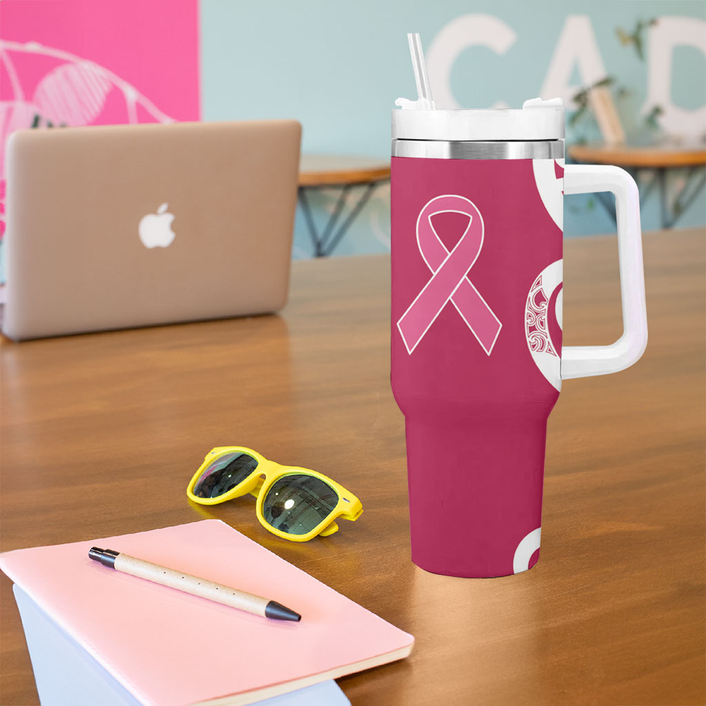 Breast Cancer Pink October Maori Tumbler With Handle Koru Kowhaiwhai