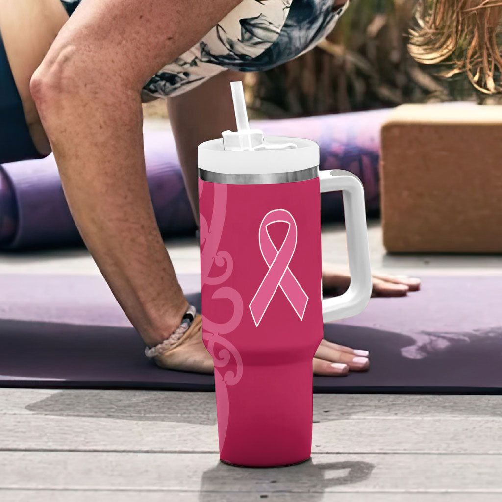 Breast Cancer Pink October Maori Tumbler With Handle Koru Kowhaiwhai