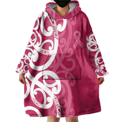 Breast Cancer Pink October Maori Wearable Blanket Hoodie Koru Kowhaiwhai