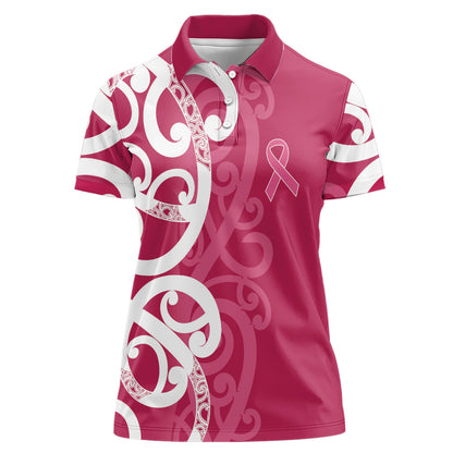 Breast Cancer Pink October Maori Women Polo Shirt Koru Kowhaiwhai