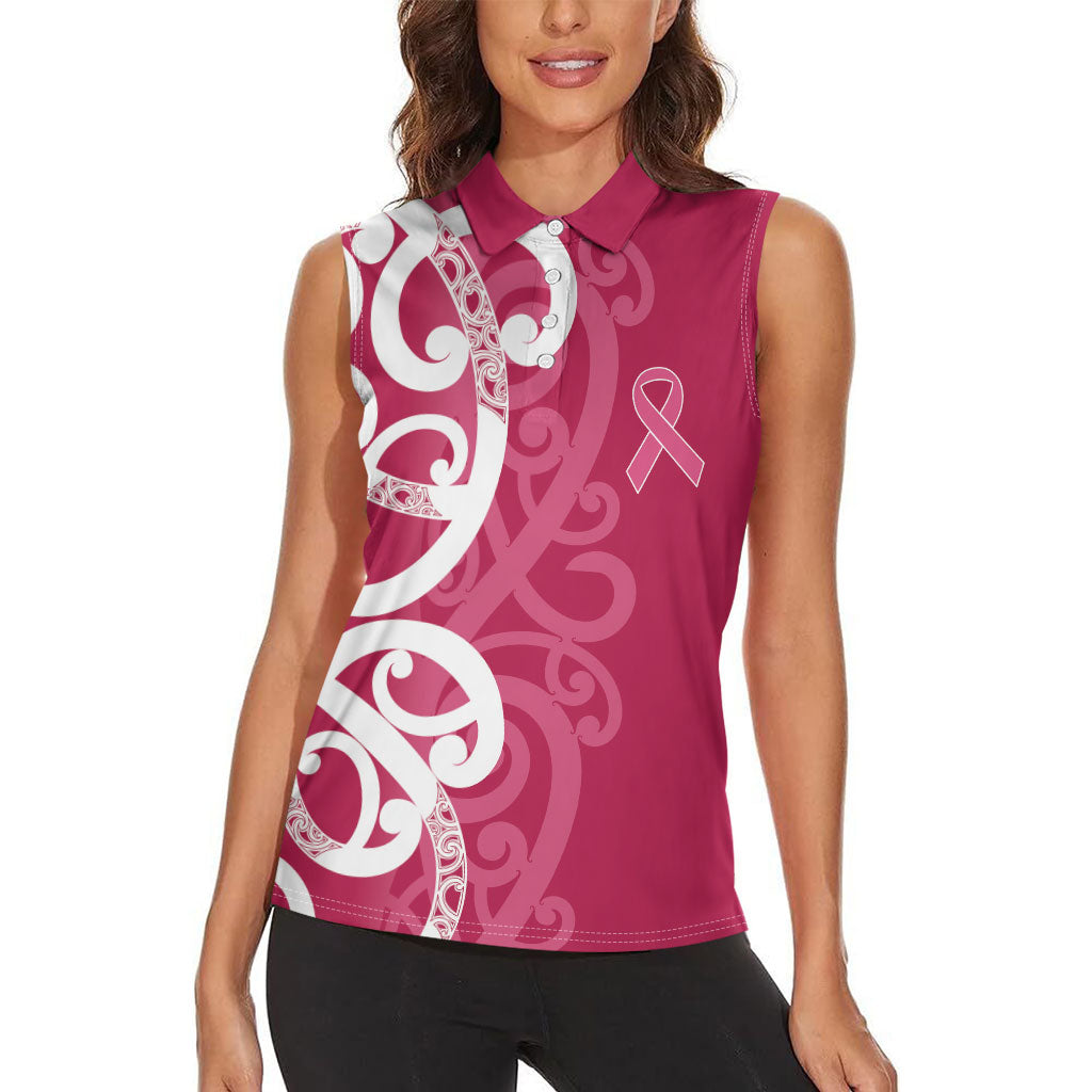 Breast Cancer Pink October Maori Women Sleeveless Polo Shirt Koru Kowhaiwhai