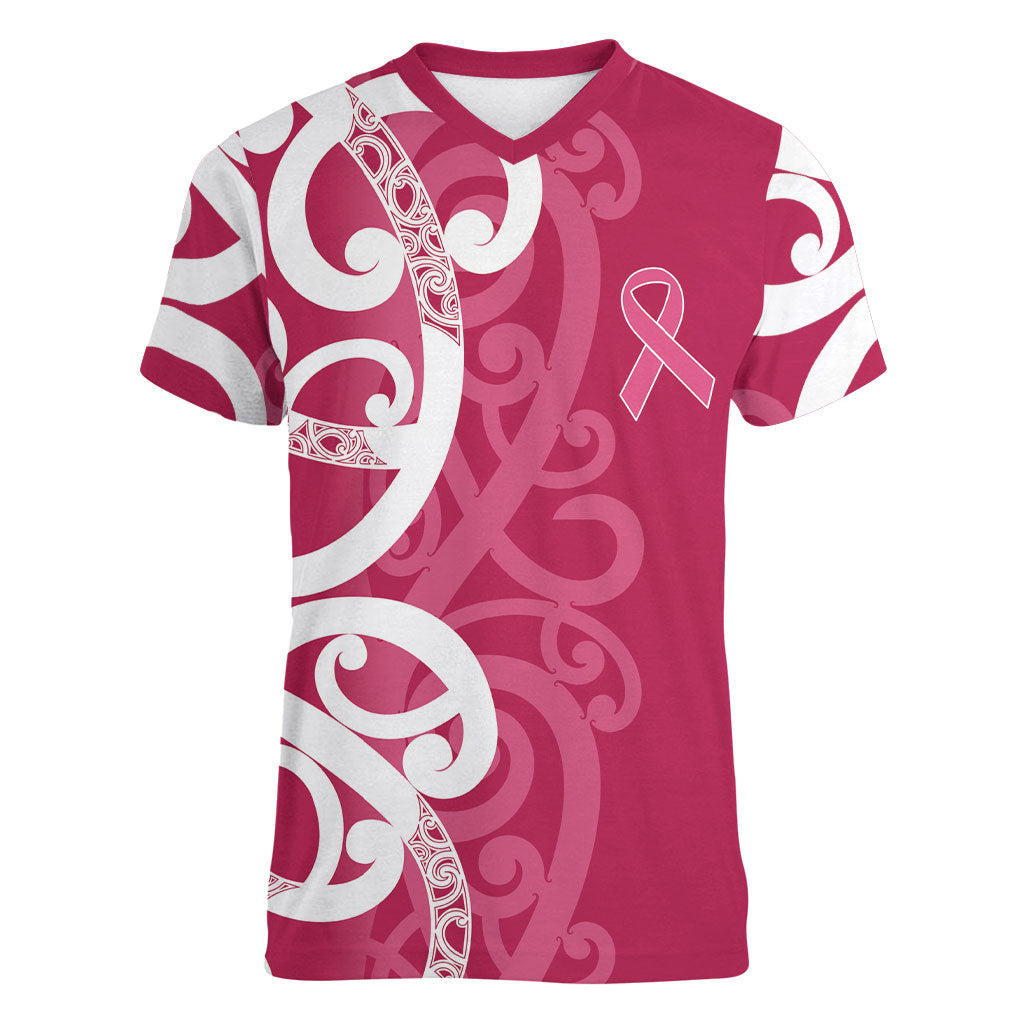 Breast Cancer Pink October Maori Women V-Neck T-Shirt Koru Kowhaiwhai