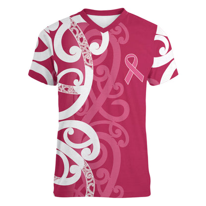 Breast Cancer Pink October Maori Women V-Neck T-Shirt Koru Kowhaiwhai