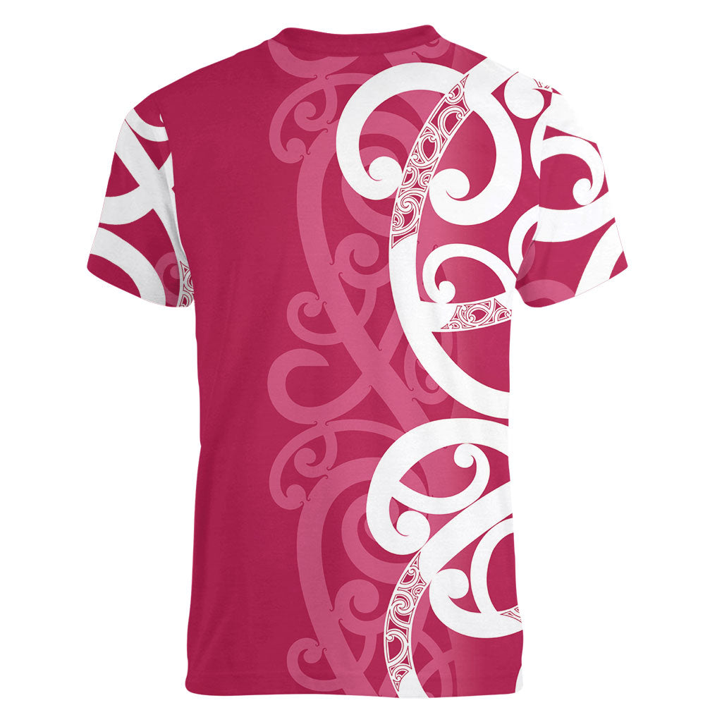 Breast Cancer Pink October Maori Women V-Neck T-Shirt Koru Kowhaiwhai