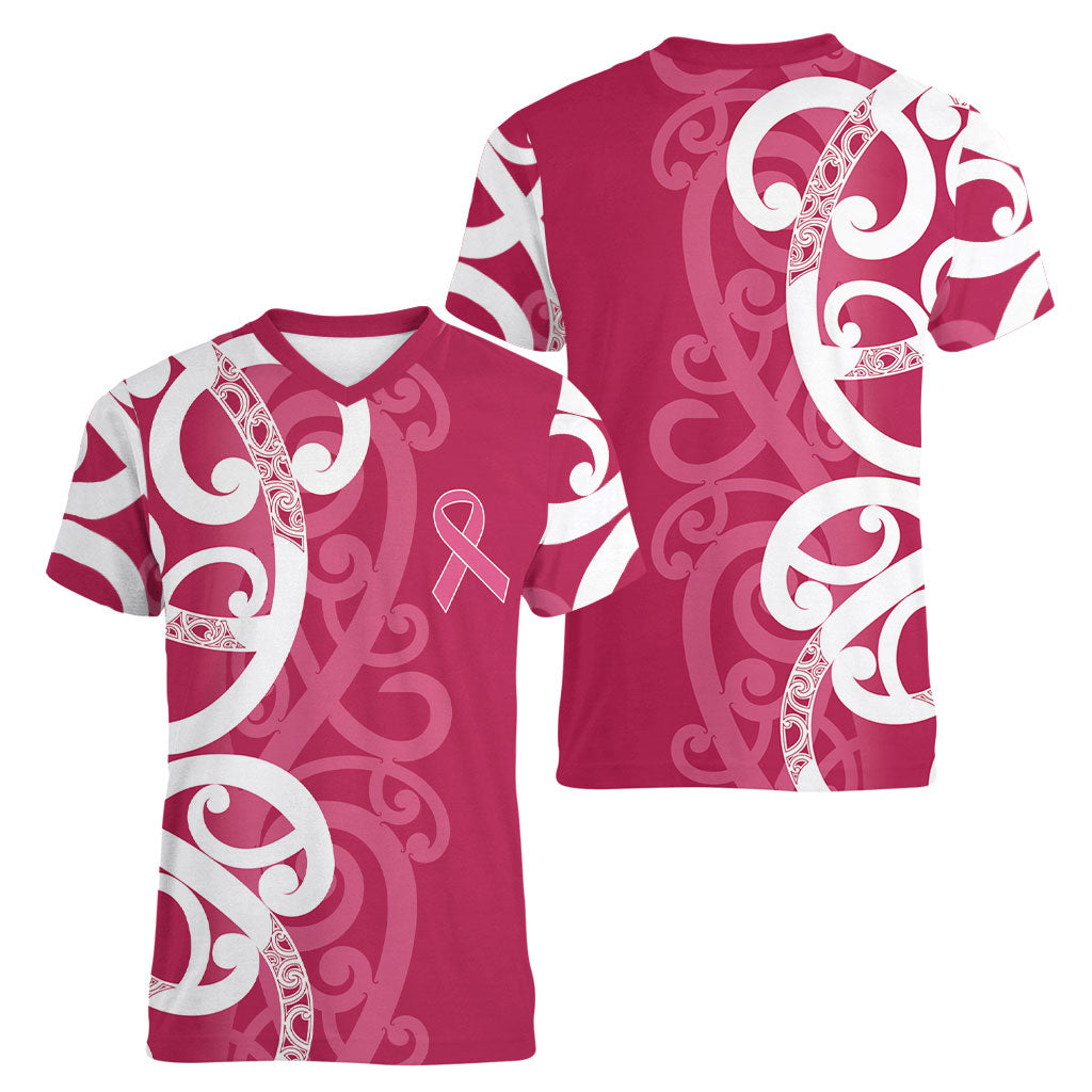 Breast Cancer Pink October Maori Women V-Neck T-Shirt Koru Kowhaiwhai