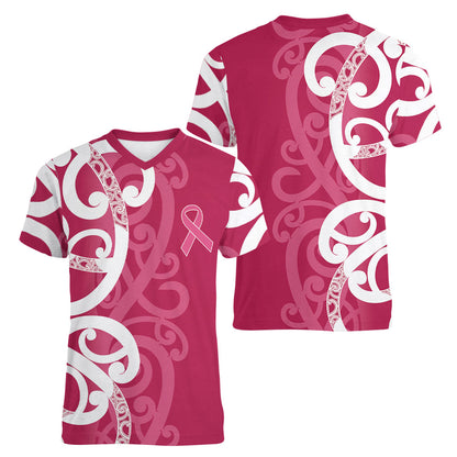 Breast Cancer Pink October Maori Women V-Neck T-Shirt Koru Kowhaiwhai