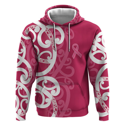 Breast Cancer Pink October Maori Zip Hoodie Koru Kowhaiwhai