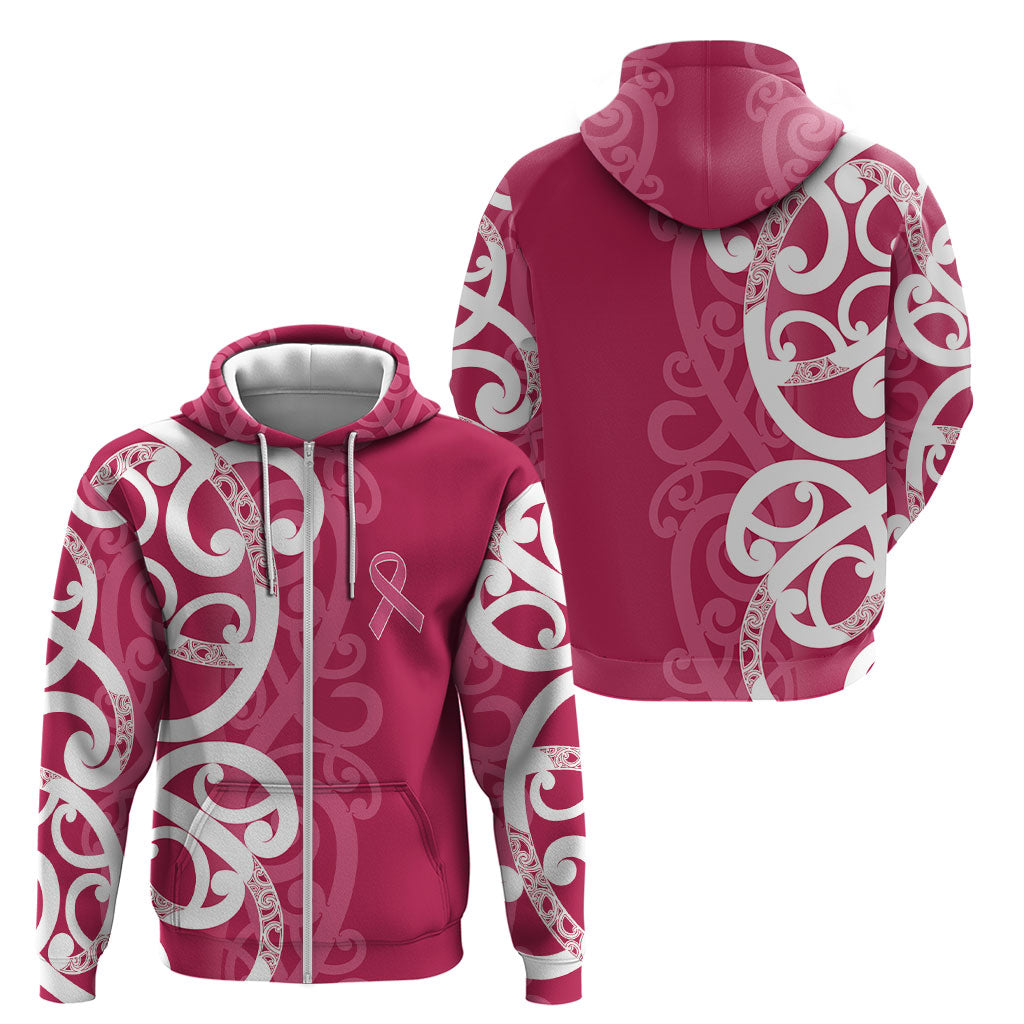 Breast Cancer Pink October Maori Zip Hoodie Koru Kowhaiwhai