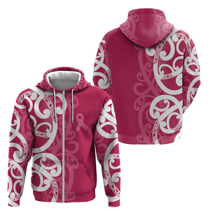 Breast Cancer Pink October Maori Zip Hoodie Koru Kowhaiwhai