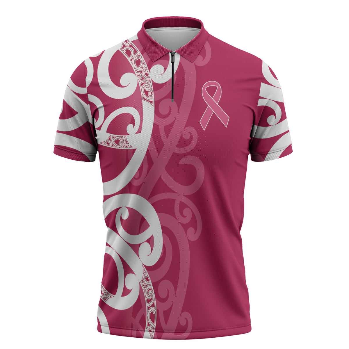 Breast Cancer Pink October Maori Zipper Polo Shirt Koru Kowhaiwhai