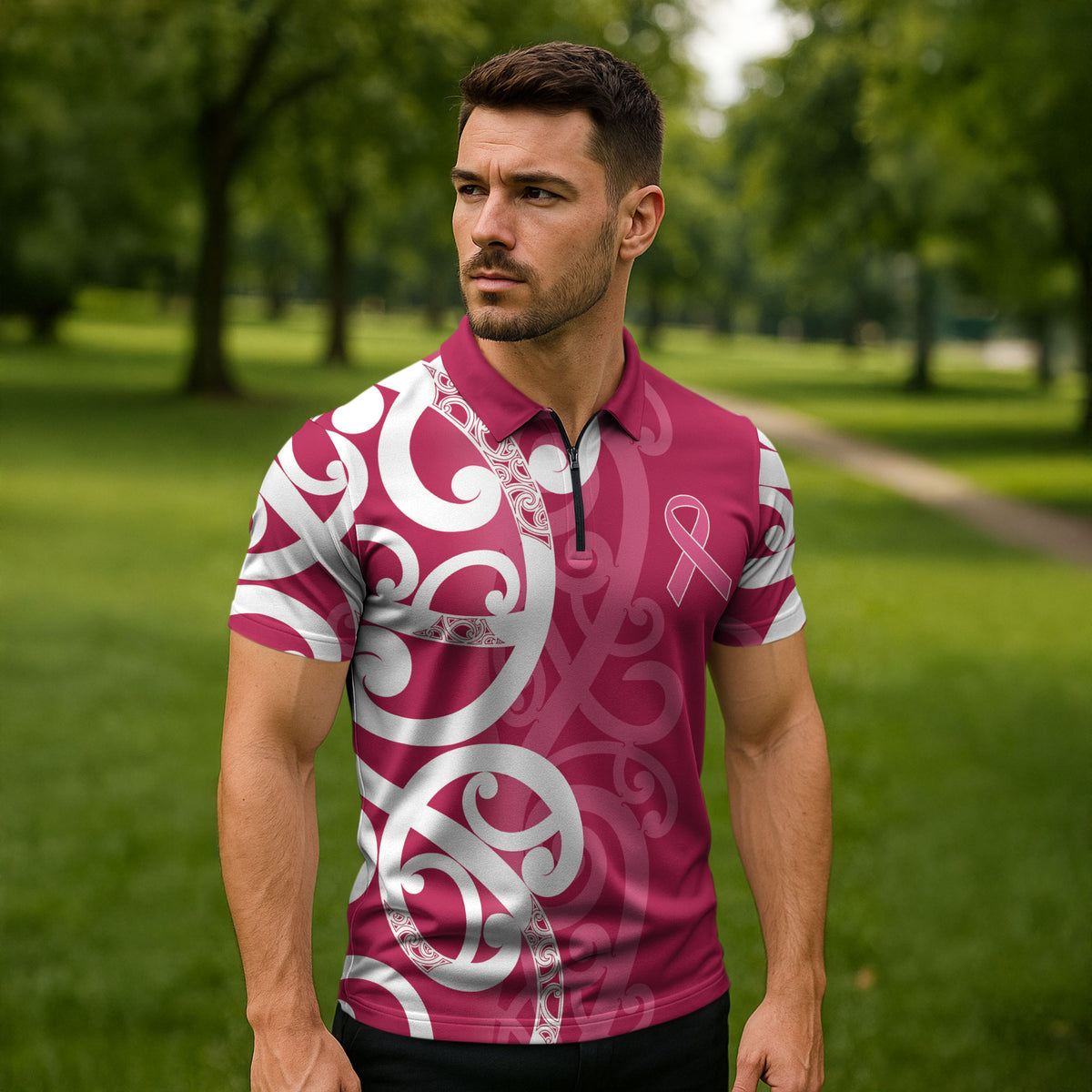 Breast Cancer Pink October Maori Zipper Polo Shirt Koru Kowhaiwhai