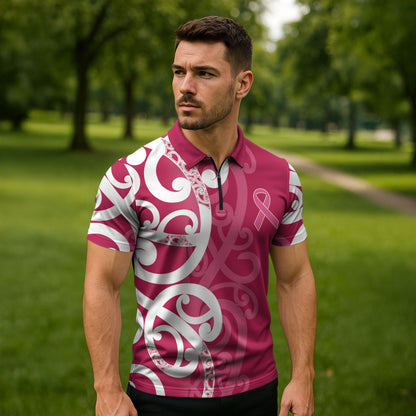 Breast Cancer Pink October Maori Zipper Polo Shirt Koru Kowhaiwhai