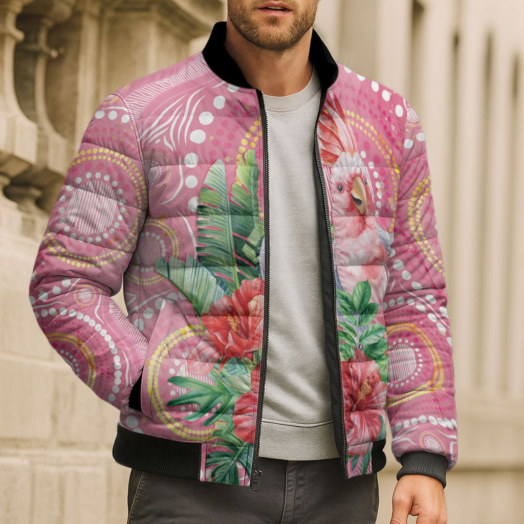 Breast Cancer Pink Cockatoo Bomber Puffer Jacket Indigenous Australia Watercolor Glaze